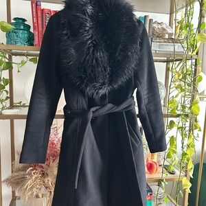 Karl Lagerfeld Black Wool Blend Trench Coat with Faux Fur Collar